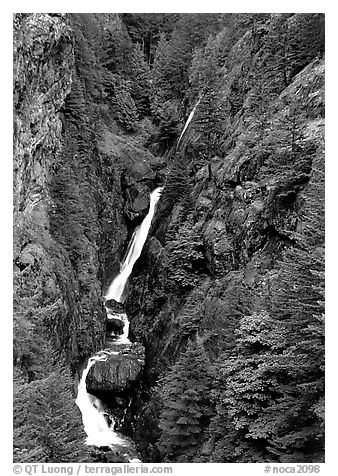 Waterfall in narrow gorge,  North Cascades National Park Service Complex.  (black and white)