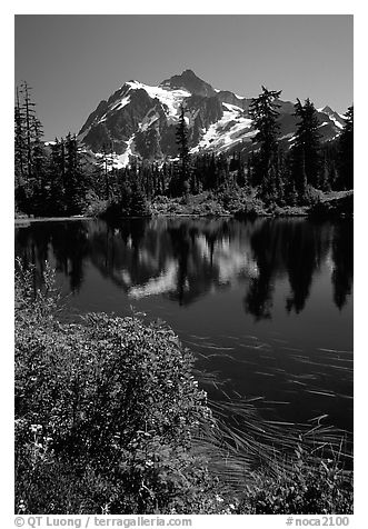 Mount Shuksan and Picture lake, mid-day, North Cascades National Park.  (black and white)