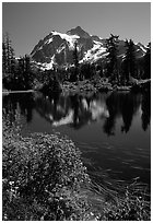 Mount Shuksan and Picture lake, mid-day, North Cascades National Park. Washington, USA. (black and white)