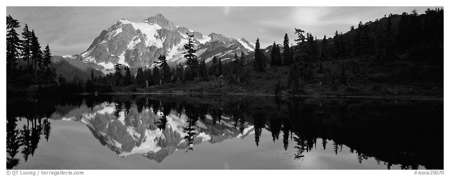 Mount Shuksan reflected in lake at sunset,  North Cascades National Park.  (black and white)