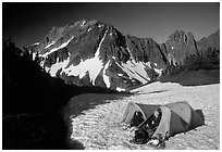 Camping on neve below Sahale Peak, North Cascades National Park. Washington, USA. (black and white)