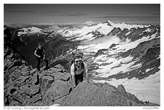 Mountaineers on ridge below  summit of Sahale Peak, North Cascades National Park.  (black and white)