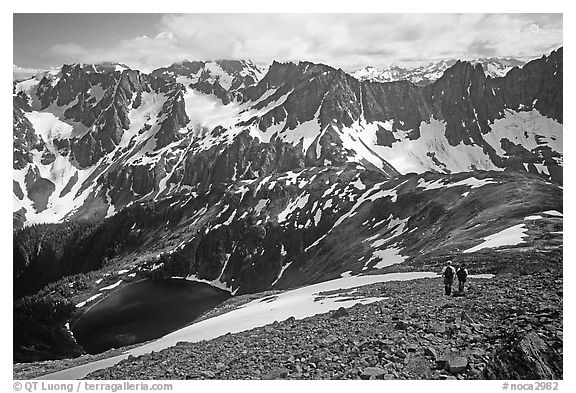 Hiking down from Sahale Peak to Cascade Pass,  North Cascades National Park.  (black and white)