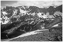 Hiking down from Sahale Peak to Cascade Pass,  North Cascades National Park. Washington, USA. (black and white)