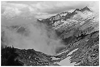 Mountains and clouds above South Fork of Cascade River, North Cascades National Park. Washington, USA. (black and white)