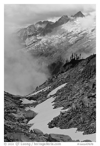 Alpine scenery in unsettled weather, North Cascades National Park.  (black and white)