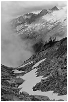 Alpine scenery in unsettled weather, North Cascades National Park. Washington, USA. (black and white)