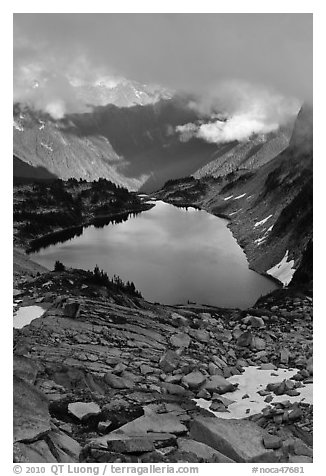 Hidden Lake below low cloud ceilling, North Cascades National Park.  (black and white)