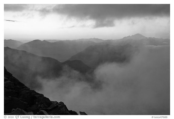Clouds and ridges at sunset, North Cascades National Park.  (black and white)