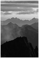 Jagged mountain ridges at sunset, North Cascades National Park. Washington, USA. (black and white)