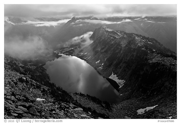 Hidden Lake with moonlight reflected, North Cascades National Park.  (black and white)
