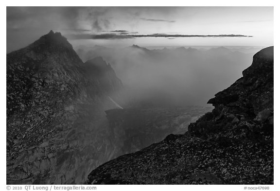 Hidden Lake Peaks and fog at sunset, North Cascades National Park.  (black and white)