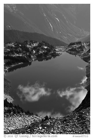 Hidden Lake, with clouds reflected, North Cascades National Park.  (black and white)