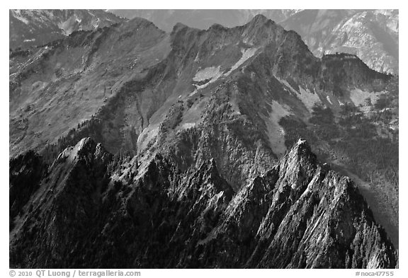 Steep forested spires in dabbled light, North Cascades National Park.  (black and white)