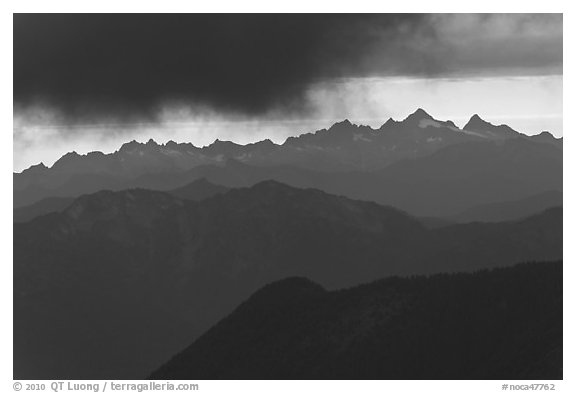 Storm clouds over layered ridges, North Cascades National Park.  (black and white)