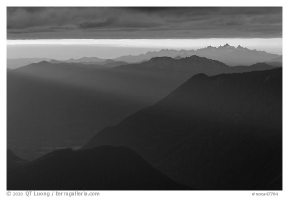 Layered ridges at sunset, North Cascades National Park.  (black and white)
