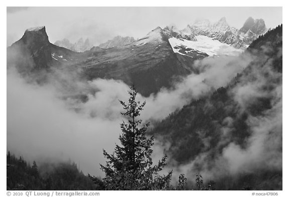 The Picket Range and clouds in rainy weather, North Cascades National Park.  (black and white)
