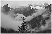 The Picket Range and clouds in rainy weather, North Cascades National Park. Washington, USA. (black and white)