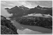 Colonial Peak and Pyramid Peak above Diablo Lake on rainy evening, North Cascades National Park Service Complex.  ( black and white)