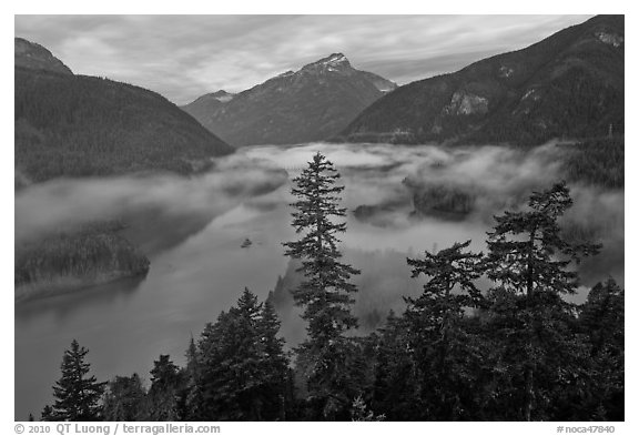 Diablo Lake and fog, dawn, North Cascades National Park Service Complex.  (black and white)