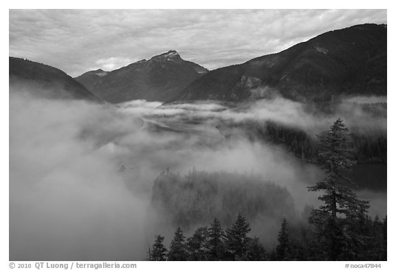 Low fog rolling over Diablo Lake, dawn, North Cascades National Park Service Complex. Washington, USA.