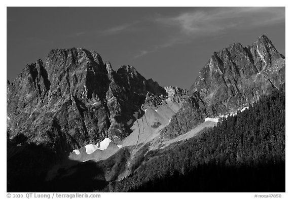 Rocky peaks on the eastern side of the range, North Cascades National Park.  (black and white)