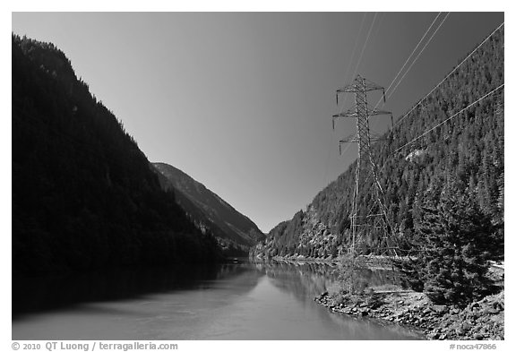 Gorge Lake and power lines,  North Cascades National Park Service Complex.  (black and white)