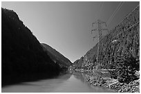 Gorge Lake and power lines,  North Cascades National Park Service Complex. Washington, USA. (black and white)
