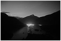 Diablo Lake by night with lights of dam,  North Cascades National Park Service Complex.  ( black and white)