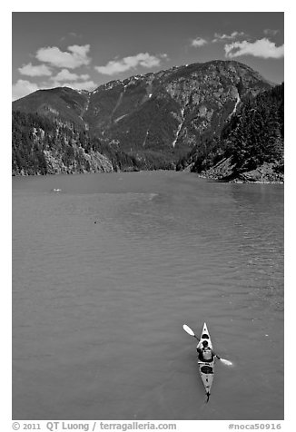 Kayaker on Diablo Lake,  North Cascades National Park Service Complex.  (black and white)