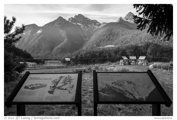 North Cascades Mountains interpretive signs, Lake Diablo overlook, North Cascades National Park Service Complex.  (black and white)