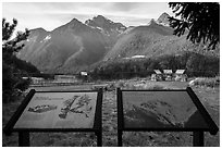 North Cascades Mountains interpretive signs, Lake Diablo overlook, North Cascades National Park Service Complex.  ( black and white)