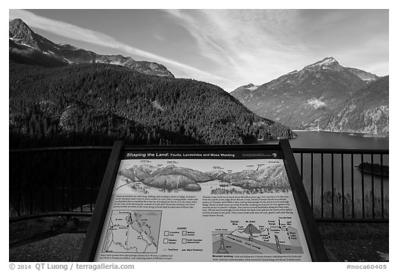 Shaping the Land interpretive sign at Lake Diablo overlook, North Cascades National Park Service Complex.  (black and white)