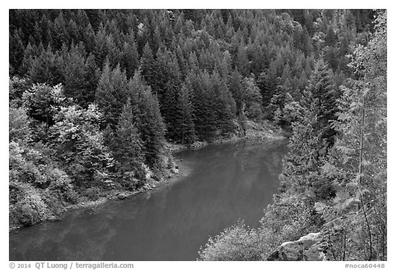 Emerald waters of Gorge Lake in autumn, North Cascades National Park Service Complex.  (black and white)