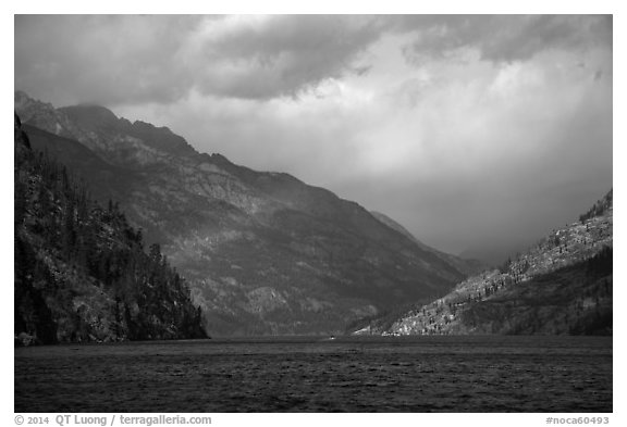 Lake Chelan and rainbow, North Cascades National Park Service Complex.  (black and white)