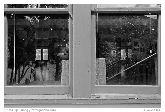 Lake Chelan, Golden West Visitor Center window reflexion, Stehekin, North Cascades National Park Service Complex.  (black and white)
