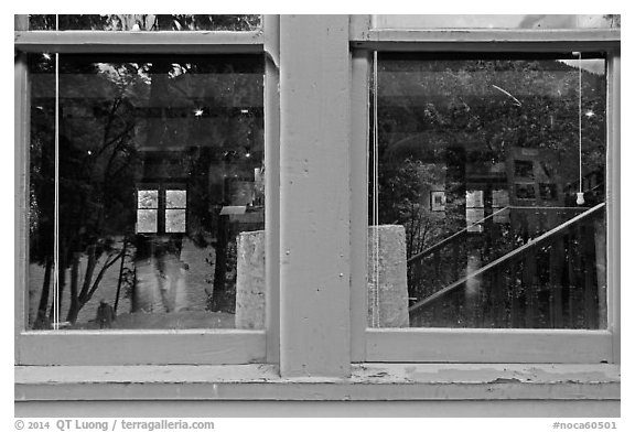 Lake Chelan, Golden West Visitor Center window reflexion, Stehekin, North Cascades National Park Service Complex.  (black and white)