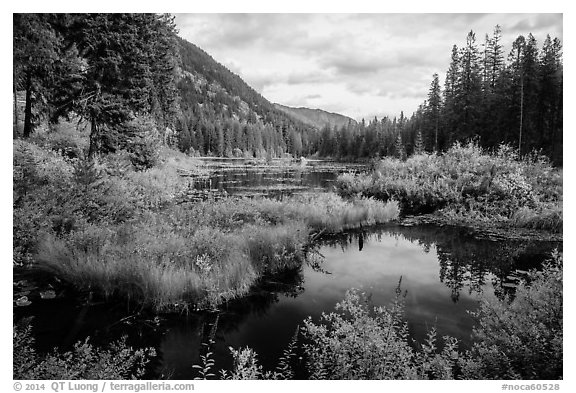 Mountains reflected in Coon Lake in the fall, North Cascades National Park Service Complex.  (black and white)