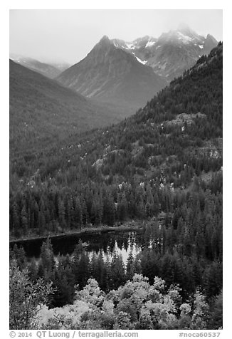 Coon Lake and Agnes peak in autumn, North Cascades National Park Service Complex.  (black and white)
