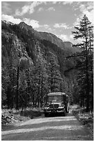 National Park shuttle bus on Stehekin Valley road, North Cascades National Park Service Complex.  ( black and white)