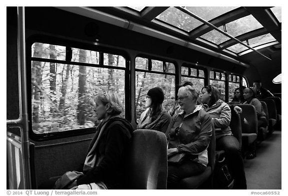 Aboard Stehekin Valley shuttle, North Cascades National Park Service Complex.  (black and white)