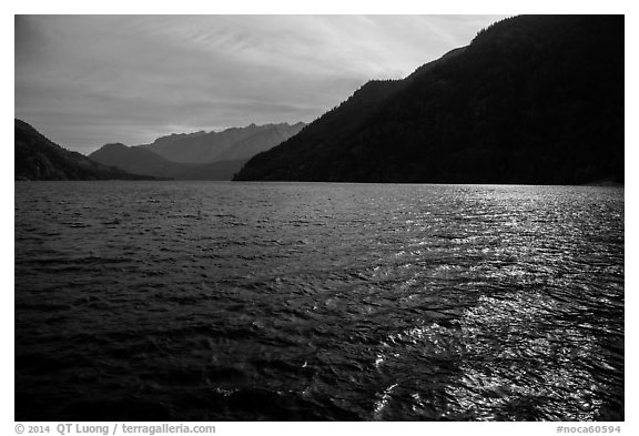 Sun shimmering in Lake Chelan waters, North Cascades National Park Service Complex.  (black and white)