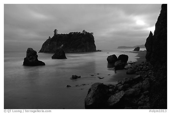 Blue seascape of seastacks at Dusk, Ruby beach. Olympic National Park (black and white)