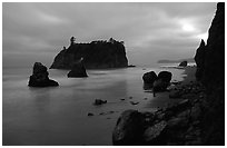 Blue seascape of seastacks at Dusk, Ruby beach. Olympic National Park, Washington, USA. (black and white)