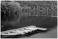 Emerald waters, pier and rowboats, Crescent Lake. Olympic National Park, Washington, USA. (black and white)