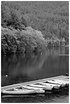 Small boats moored in emerald waters in Crescent Lake. Olympic National Park, Washington, USA. (black and white)