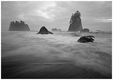 Seastacks, surf, and clouds, Second Beach. Olympic National Park, Washington, USA. (black and white)