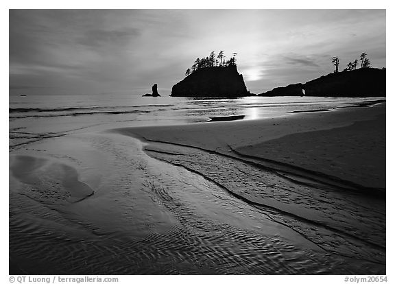 Stream, beach, and sea stacks at sunset,  Second Beach. Olympic National Park (black and white)