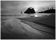 Stream, beach, and sea stacks at sunset, Second Beach. Olympic National Park, Washington, USA. (black and white)