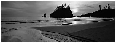 Stream and beach at sunset. Olympic National Park (Panoramic black and white)
